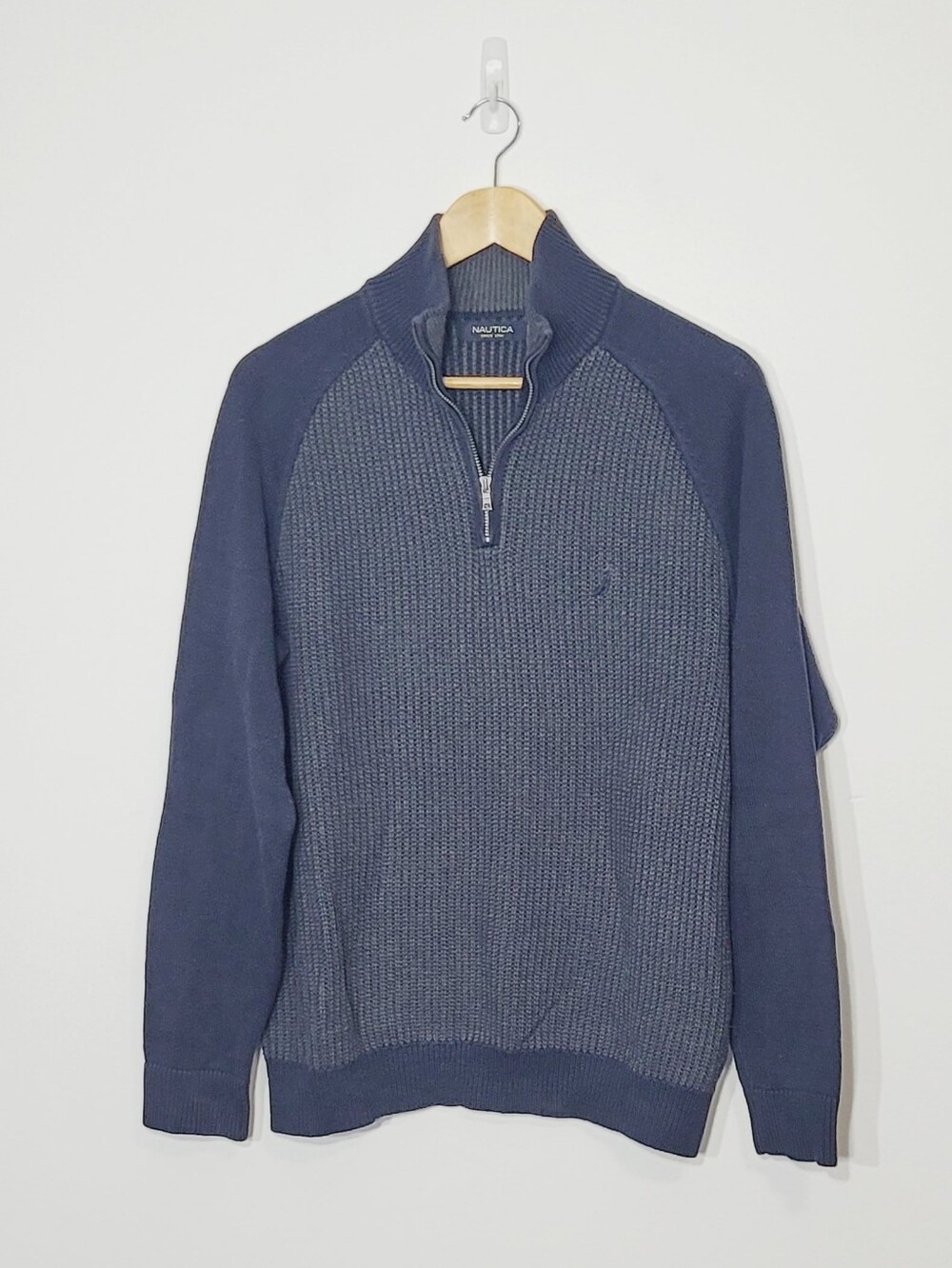 Nautica Blue Gray Knitted 100% Cotton Long Sleeves Pull Over Zip Sweater Large